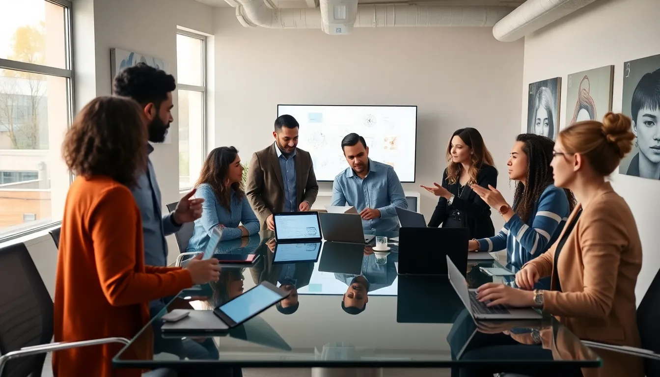 Diverse team collaborating in a modern office setting.
