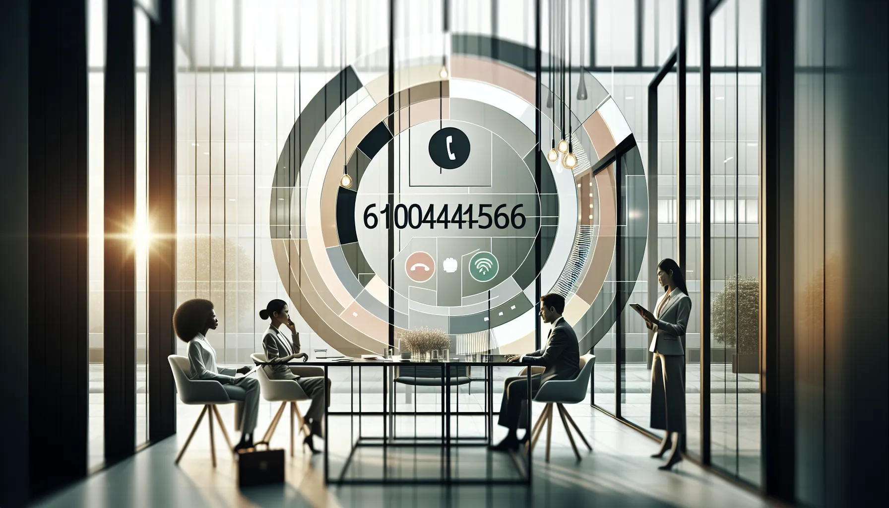 digital phone screen displaying the number 6104843566 in a modern office.