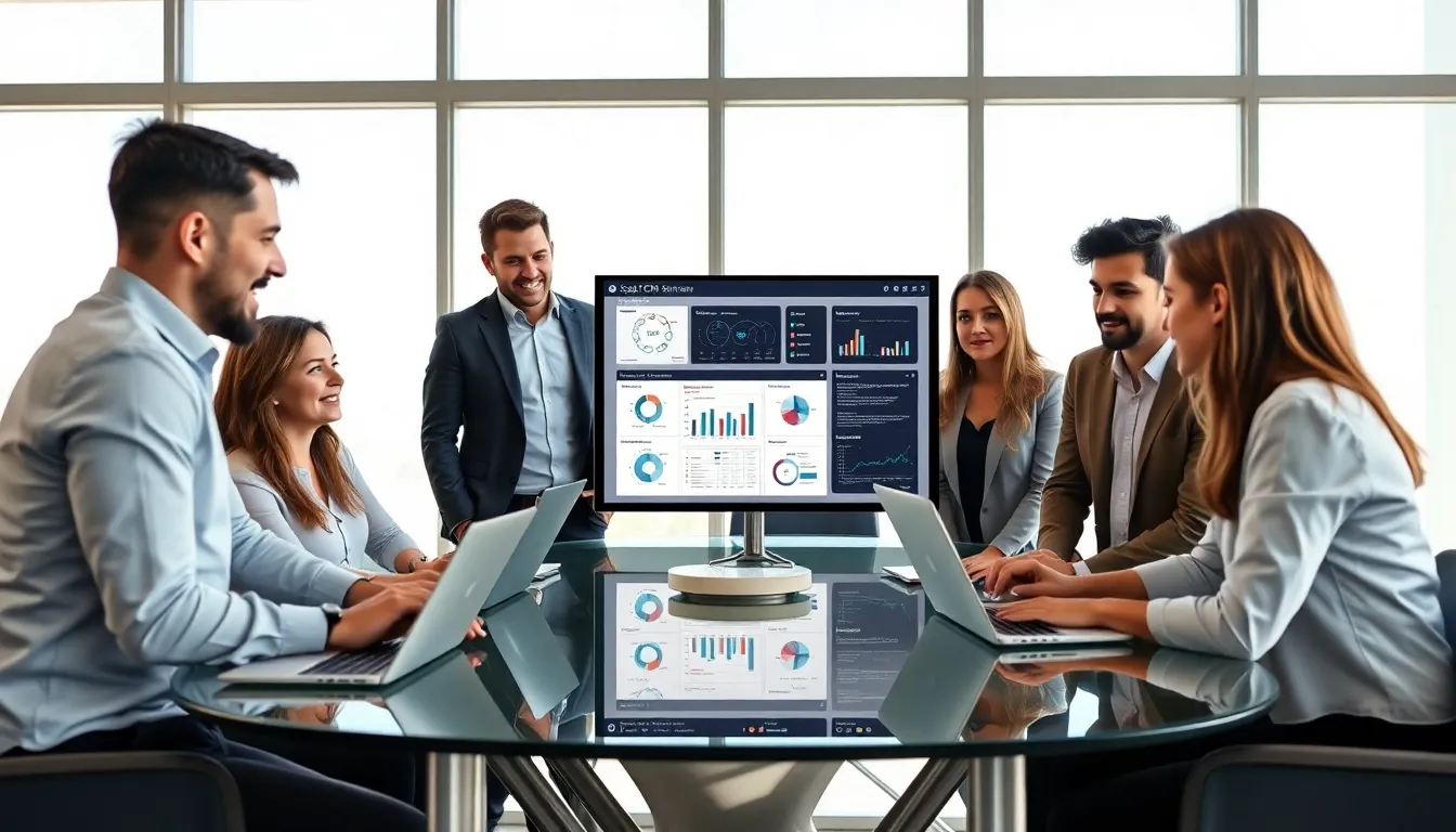 diverse team discussing SaaS CRM software in a modern office.