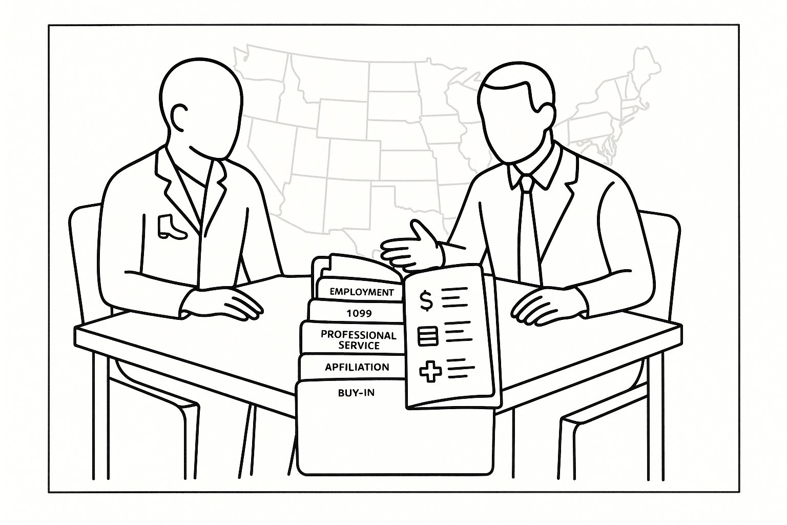 Podiatrist and attorney reviewing labeled contract documents at a table of Podiatrist Contract Attorney