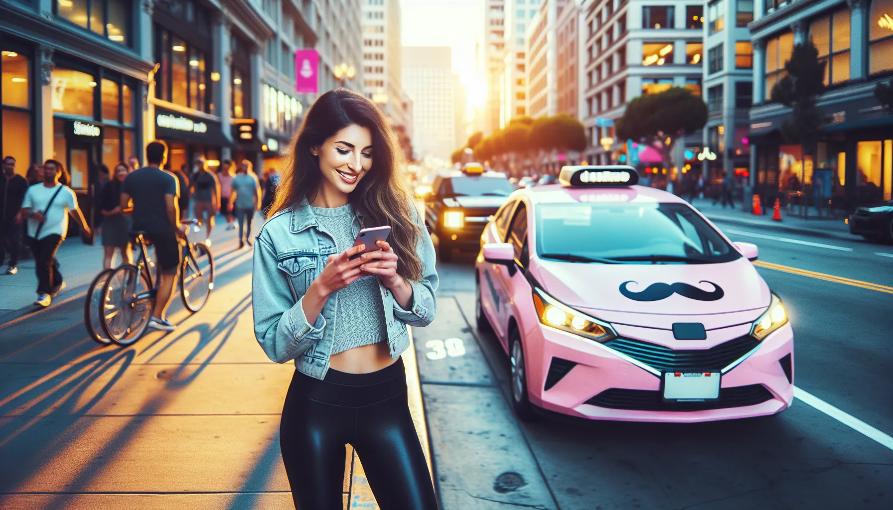 A woman using her smartphone as a Lyft car arrives in a busy city.