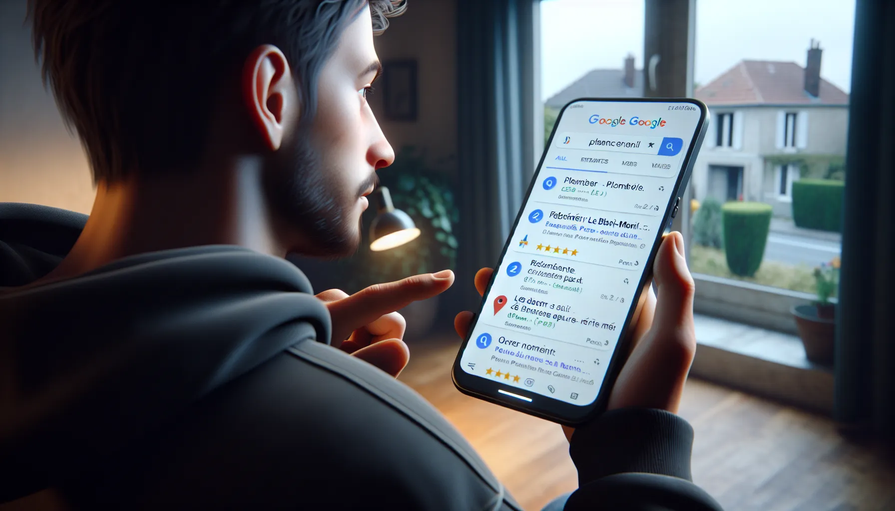 Person in Le Blanc-Mesnil checking local Google search and Maps results on phone.