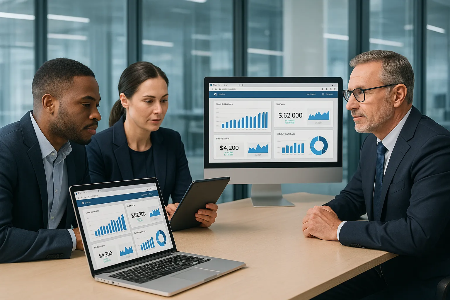 Professionals viewing browser-based BI dashboards on multiple devices in a modern office.