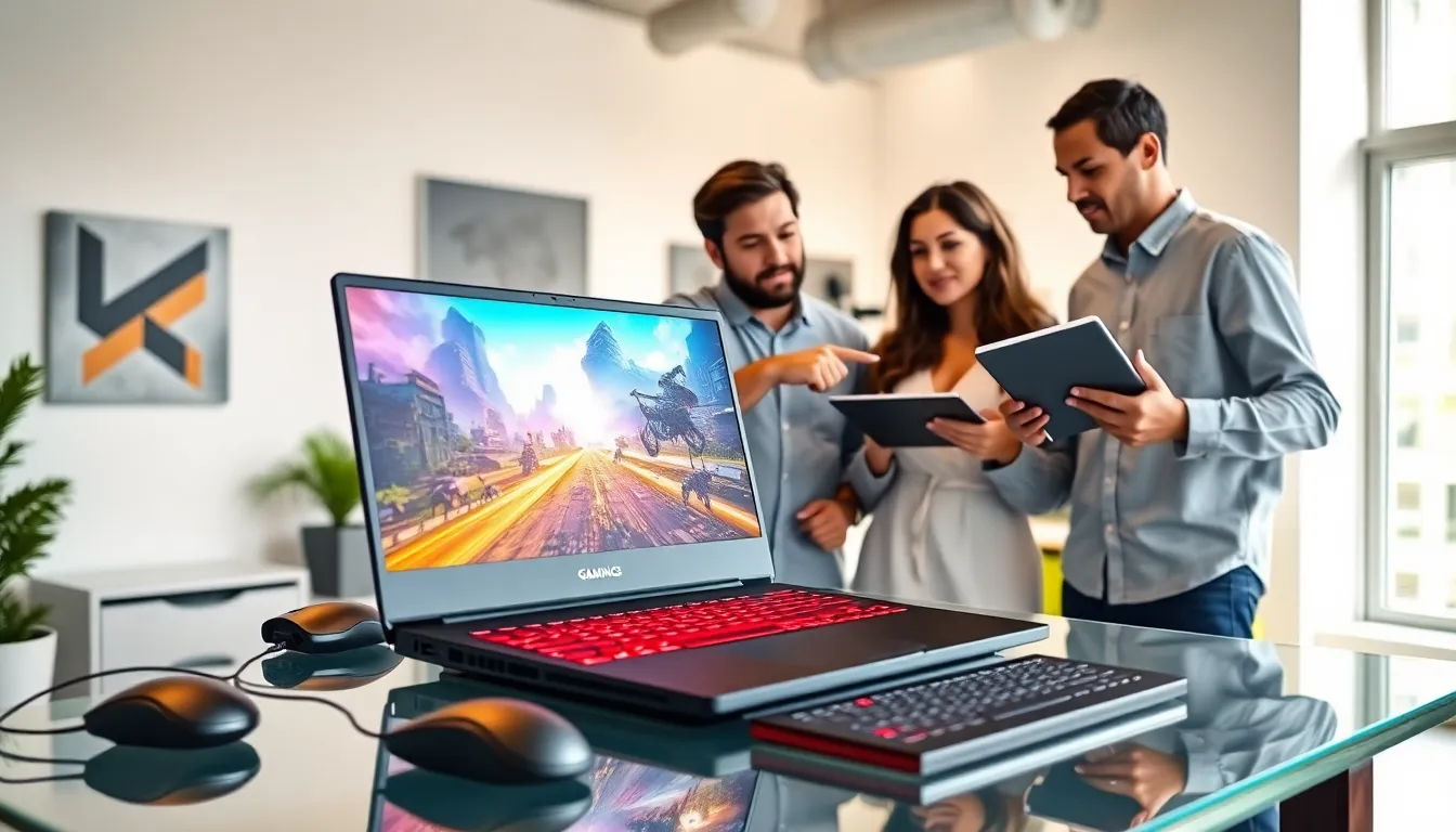 diverse team discussing a gaming laptop in a modern office.