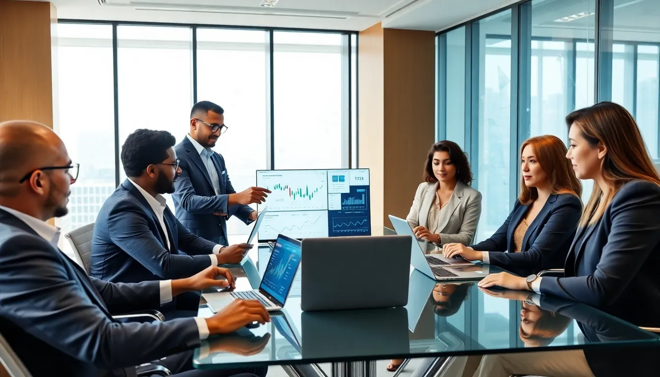 diverse professionals discussing blockchain technology in a modern office.