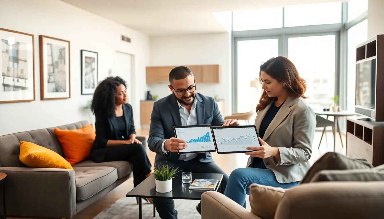 diverse team discussing short term rental strategies in a modern living room.