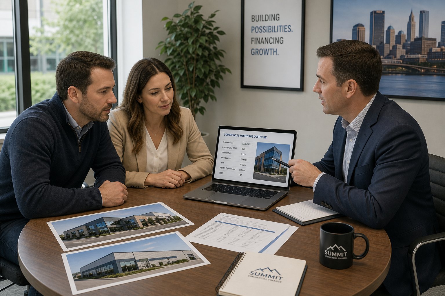 Couple meeting a commercial mortgage broker in a modern room with laptop and property materials.