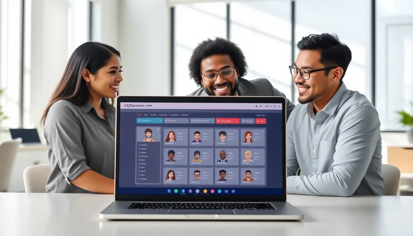 diverse gamers collaborating over CK2Generator.com on a laptop.