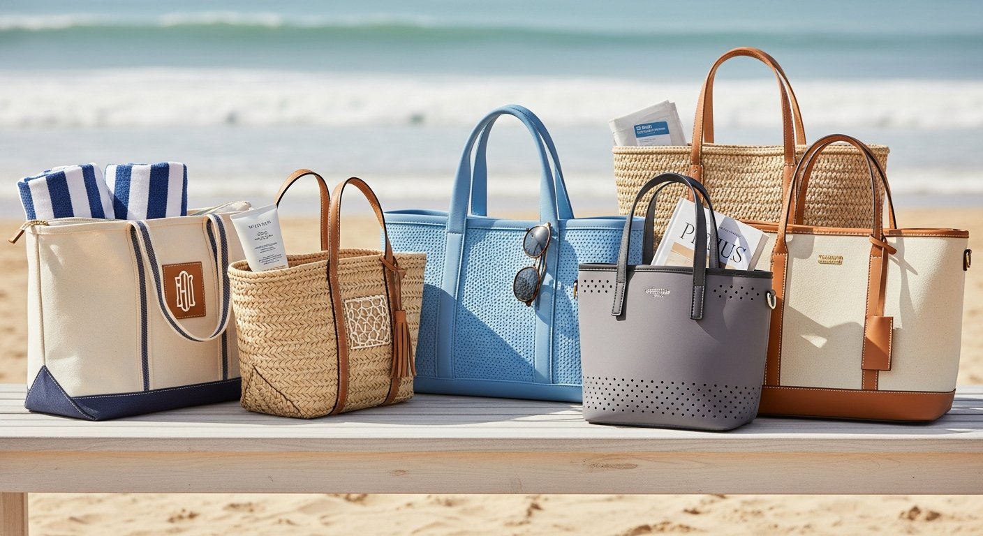 Six stylish Mother’s Day beach bags displayed in a bright coastal setting.