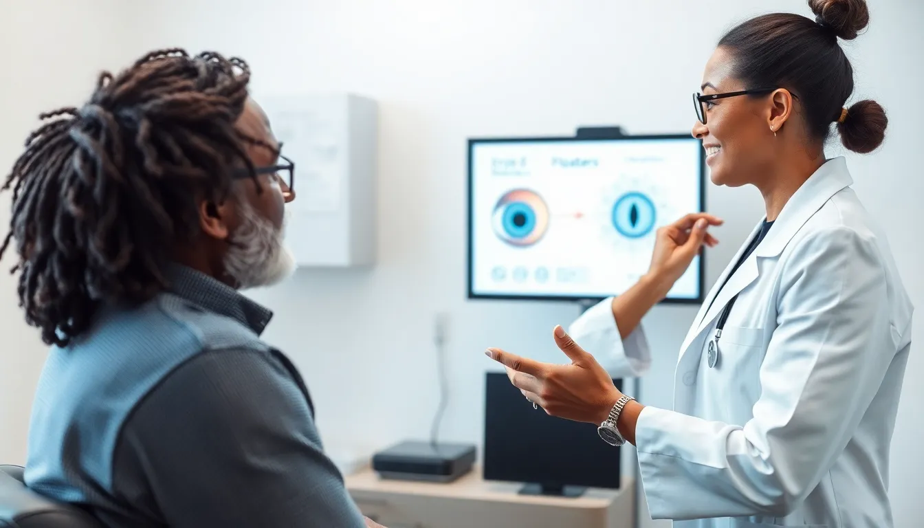 ophthalmologist discussing eye floaters with a patient in a modern clinic.