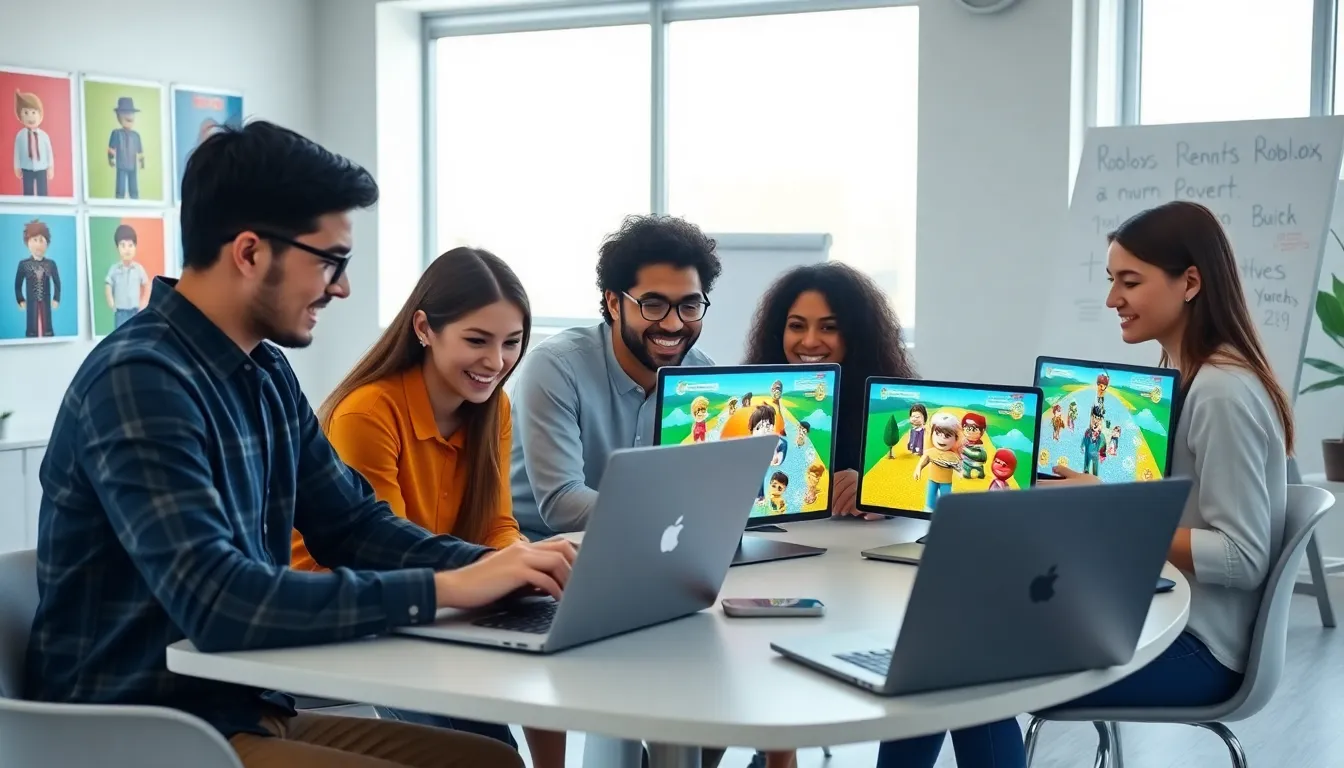 diverse professionals collaborating on game design in a modern office.