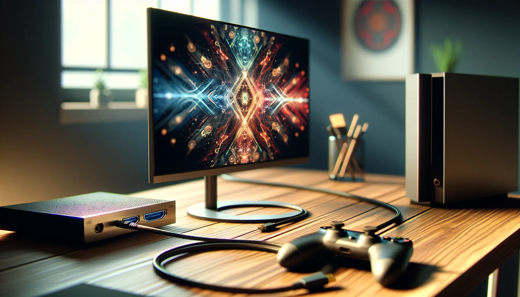 A gaming console and monitor connected with DisplayPort and HDMI cables.