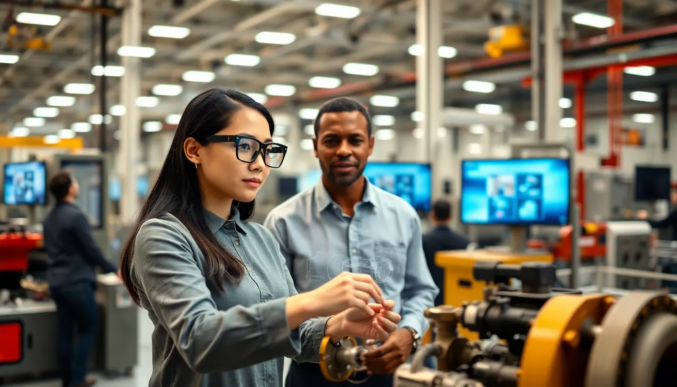 diverse team using augmented reality tools in a manufacturing setting.