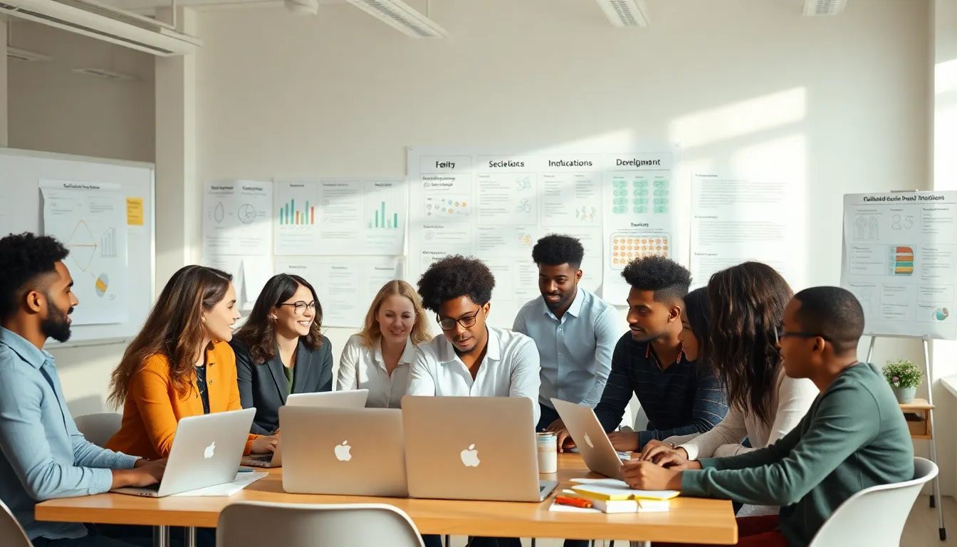 professionals in a modern classroom discussing child development concepts.