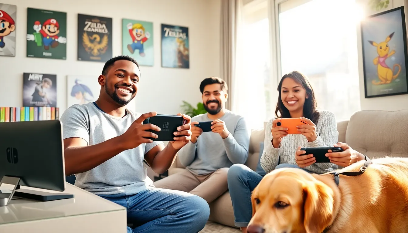 a group of gamers enjoying Nintendo Switch games in a cozy living room.