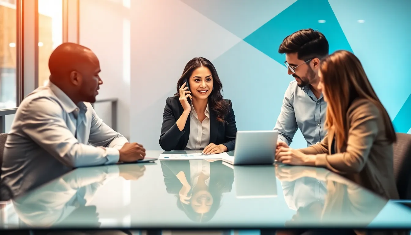 Professionals discussing customer support in a modern office.