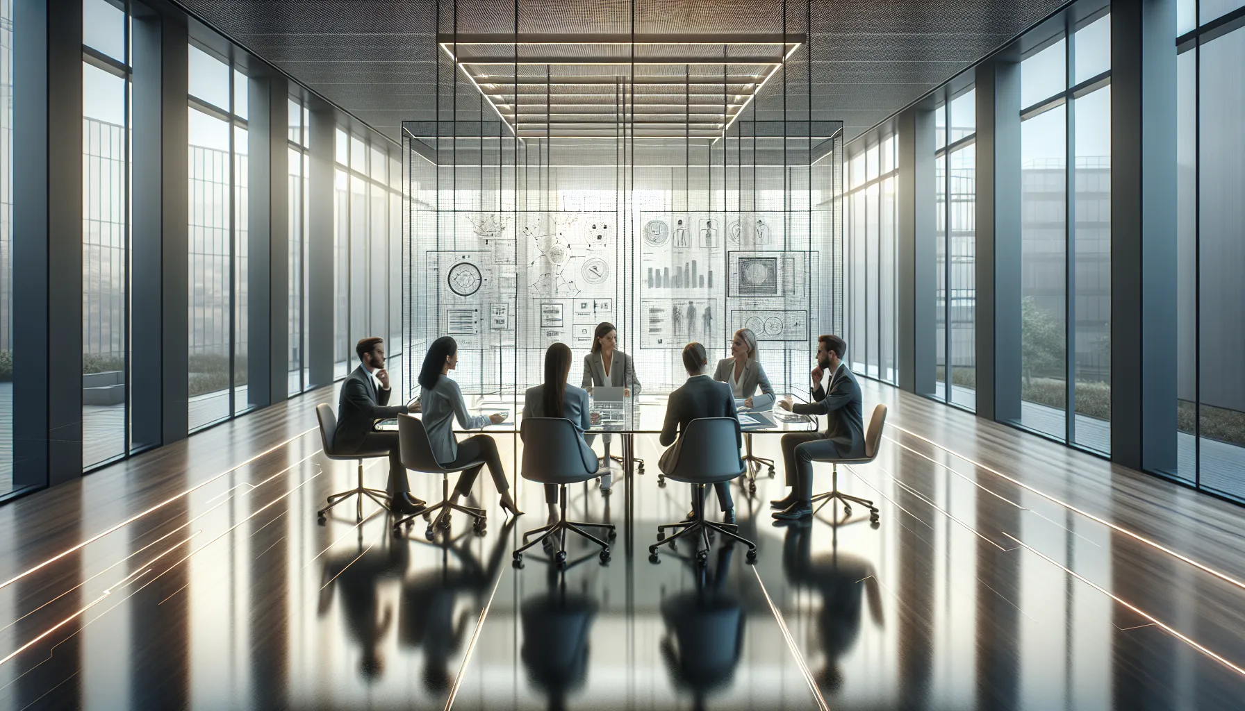 professionals discussing DH58GOH9.7 software in a modern office.