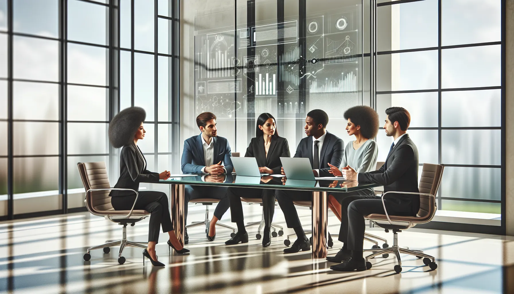 diverse team collaborating in a modern office around digital devices.