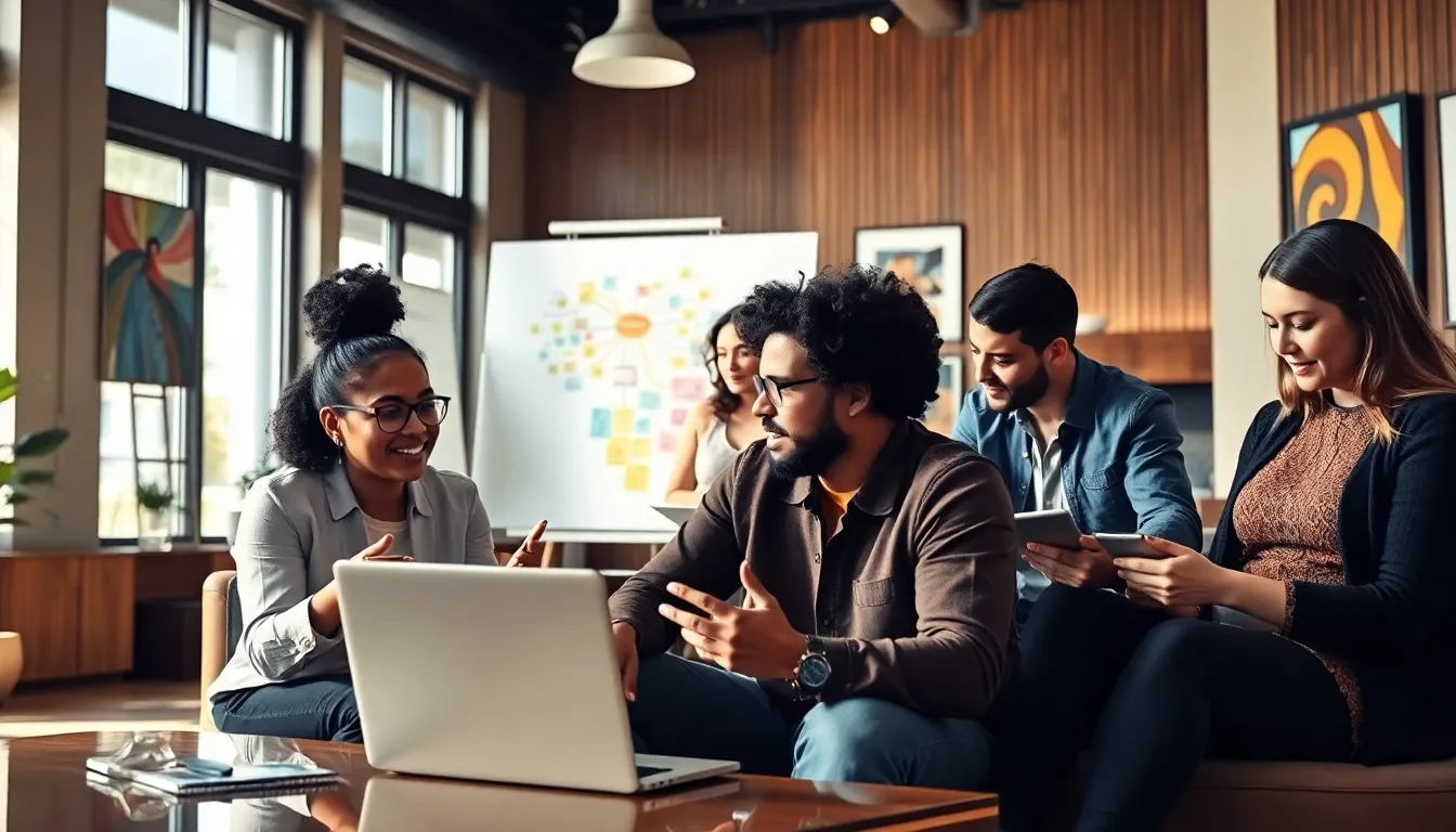 diverse team brainstorming ideas in a bright workspace.