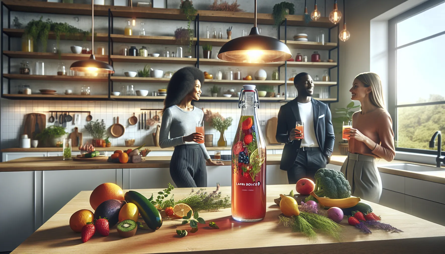 Lavitadolce9: The Sweet Secret to Brighter Days 8 diverse professionals enjoying Lavitadolce9 in a modern kitchen.