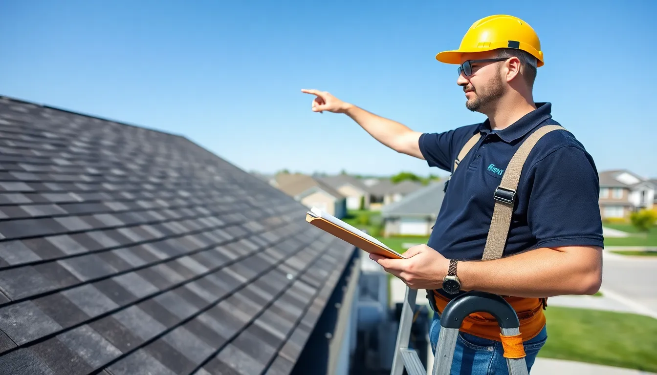contractor inspecting a well-maintained residential roof.