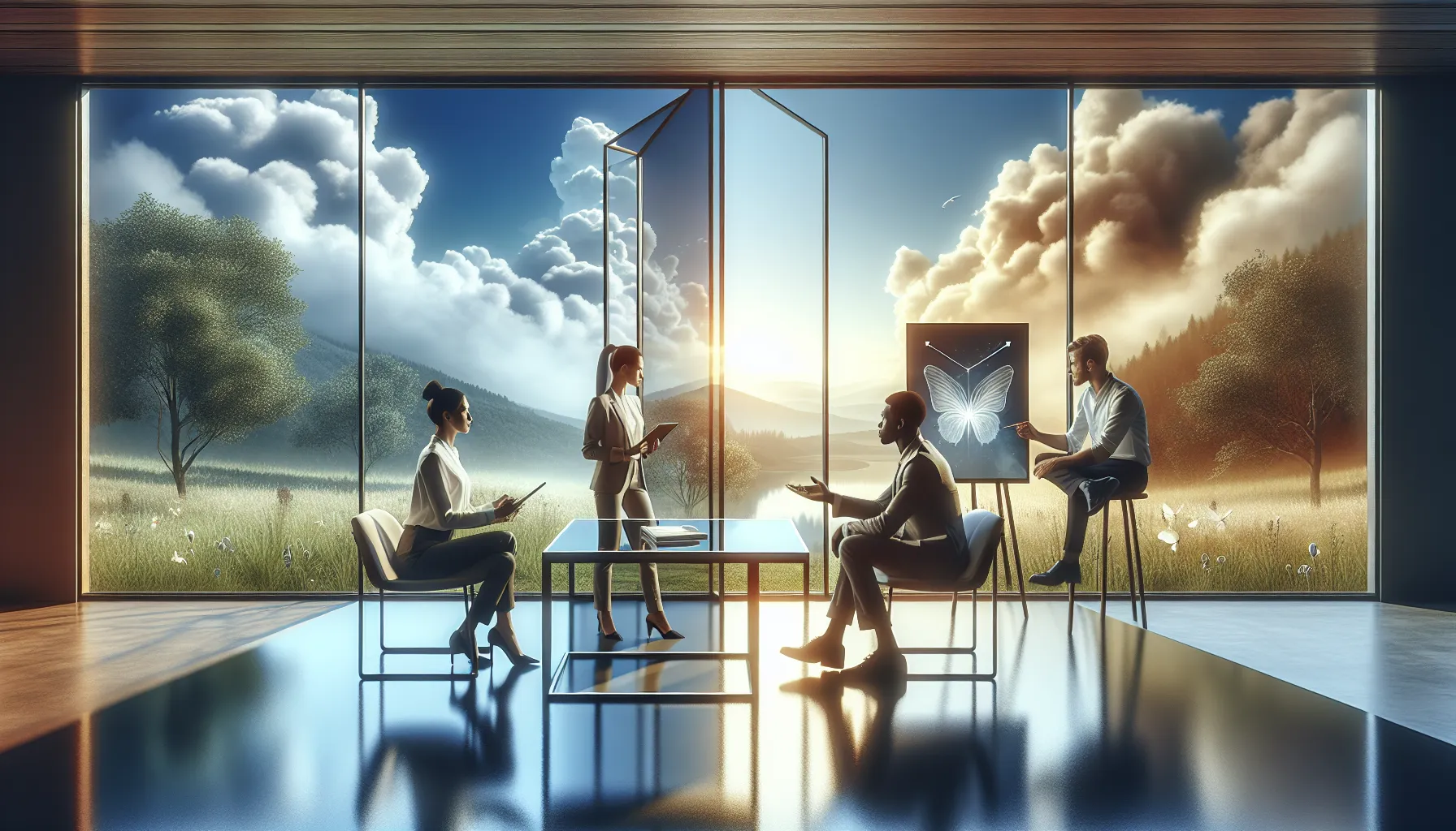 diverse team discussing tranquility in a bright modern office.