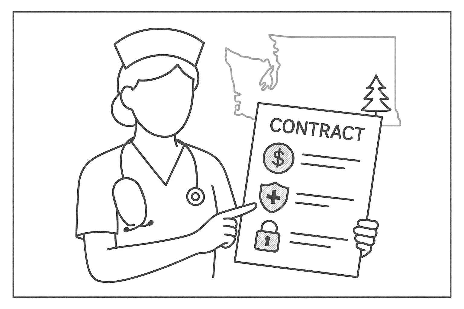 Nurse practitioner examining a contract with icons for pay, liability, and restrictions of Washington Nurse Practitioner Contract Review.