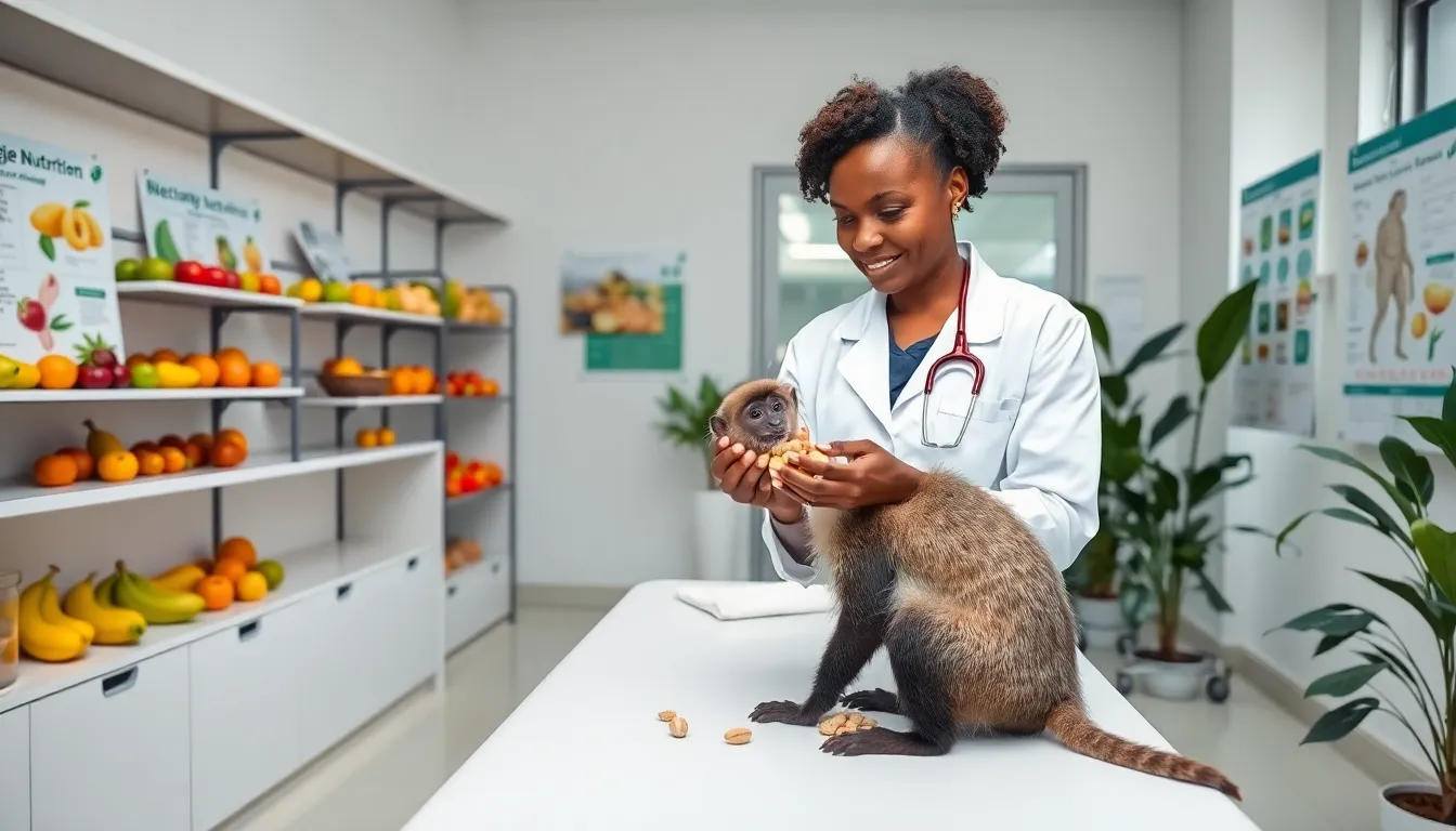 caregiver feeding a capuchin monkey in a veterinary clinic.