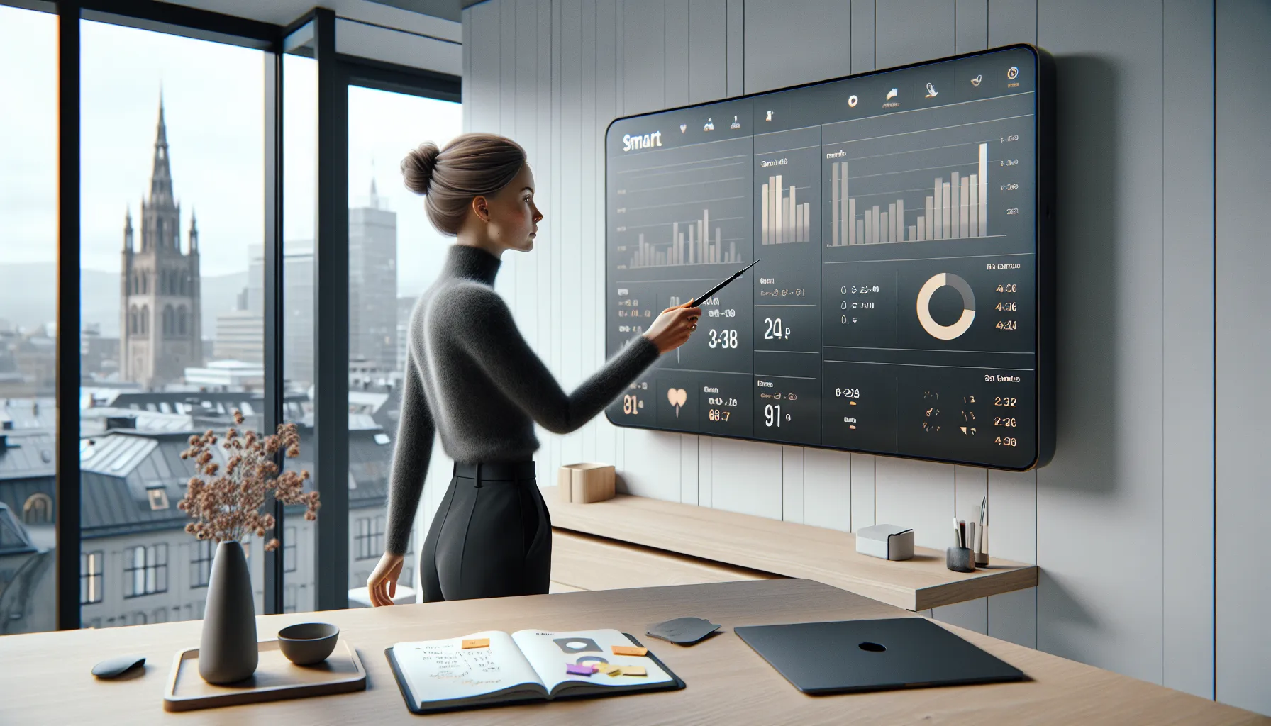 Analyst points at a smart kpi dashboard linking course learning and business goals.