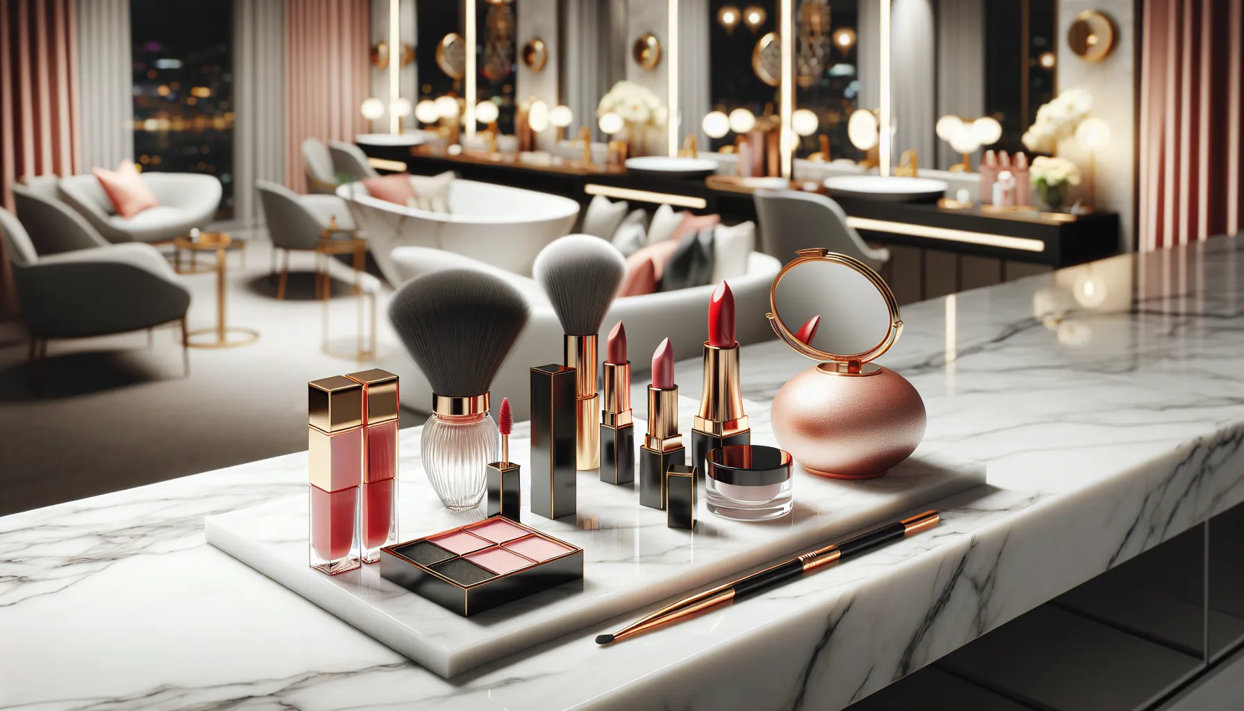 chic makeup setup with essential beauty products inspired by Audrey Hepburn.