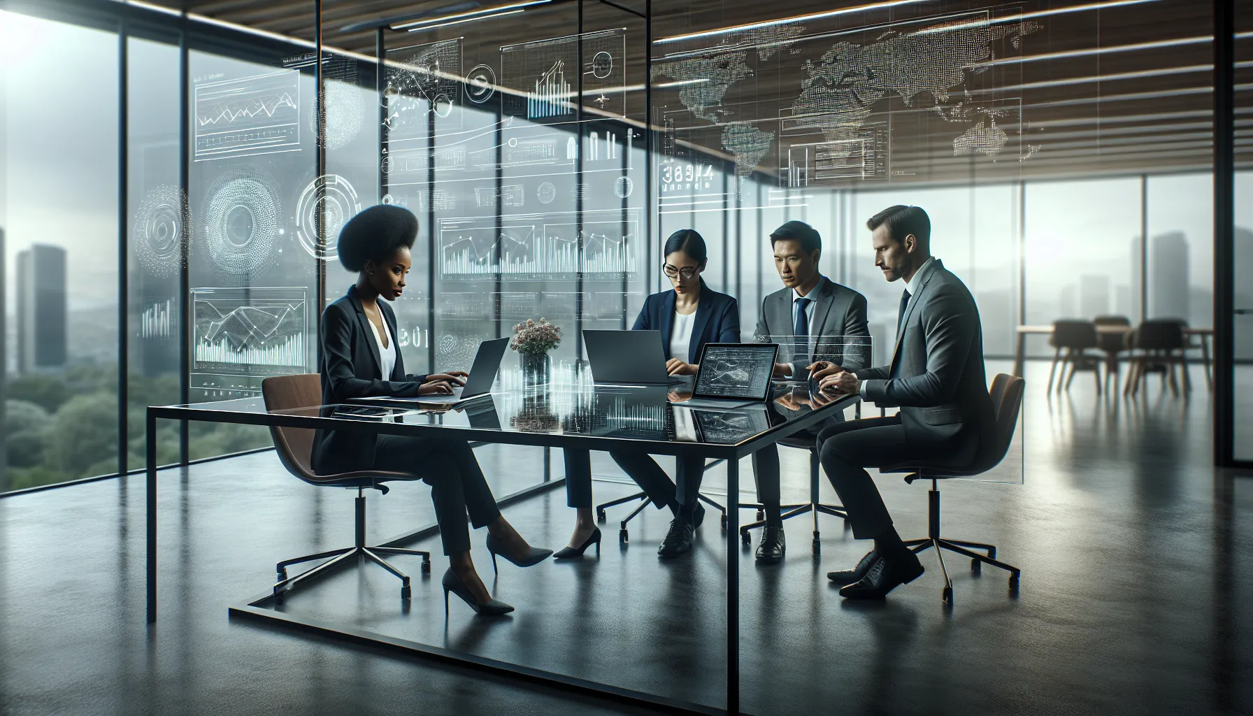 diverse team analyzing data in a modern office setting.
