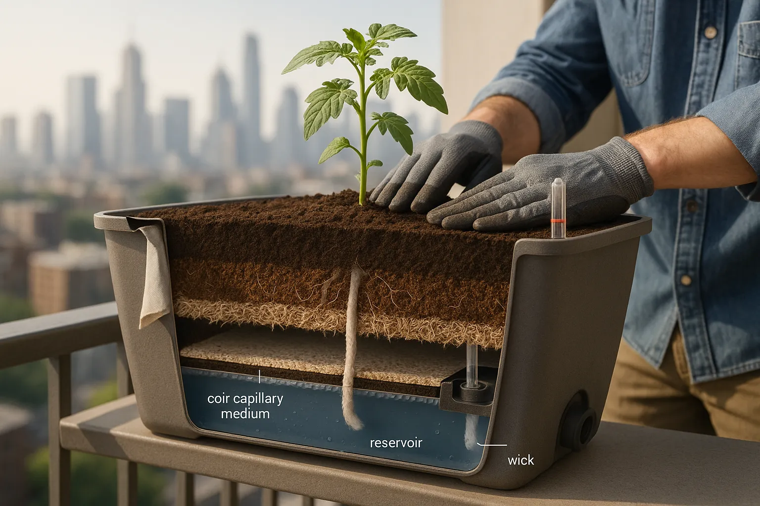 Cutaway of a self-wicking balcony planter showing reservoir, wicks, and damp root zone.