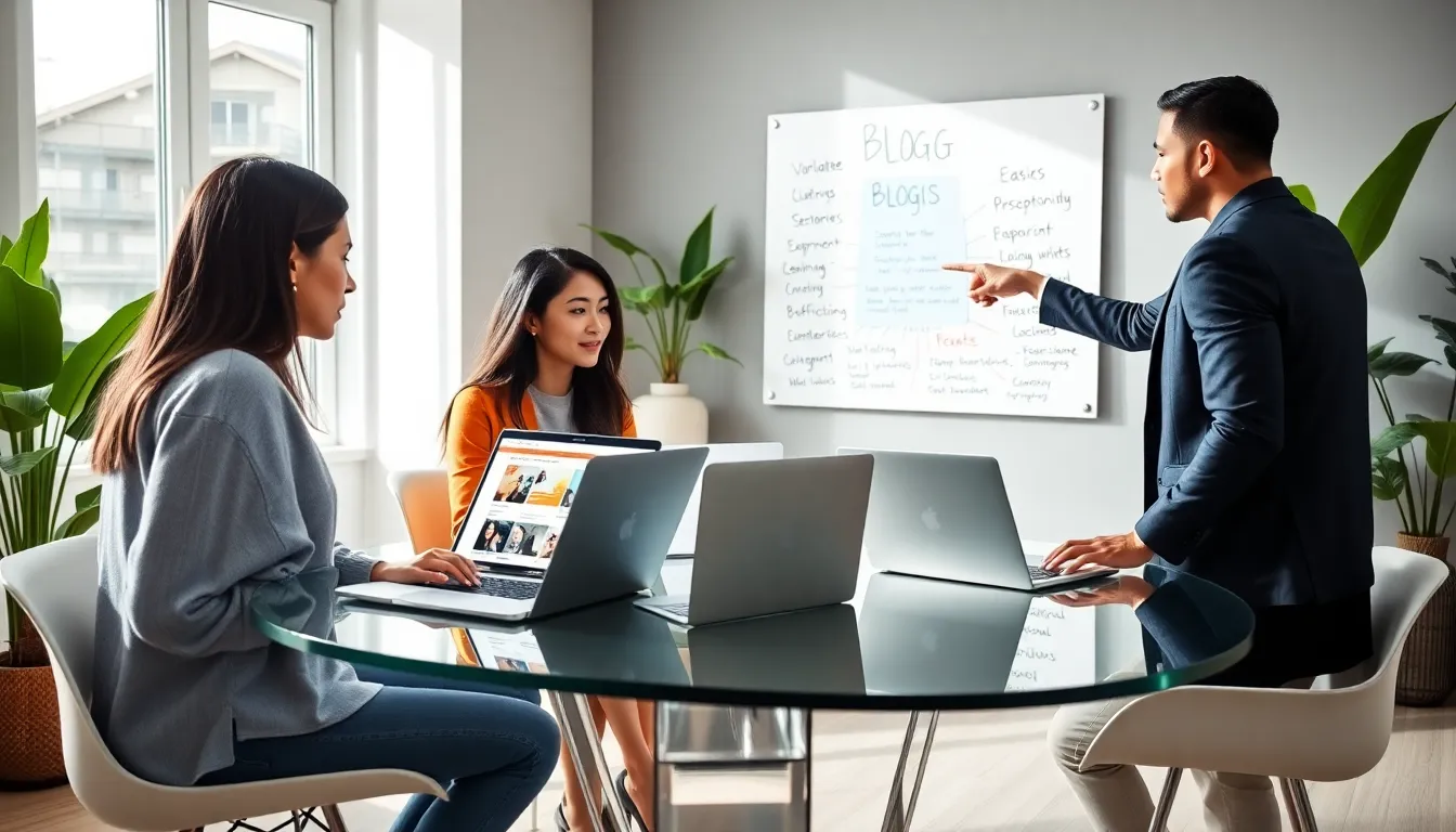 diverse team collaborating on a blogging strategy in a modern office.