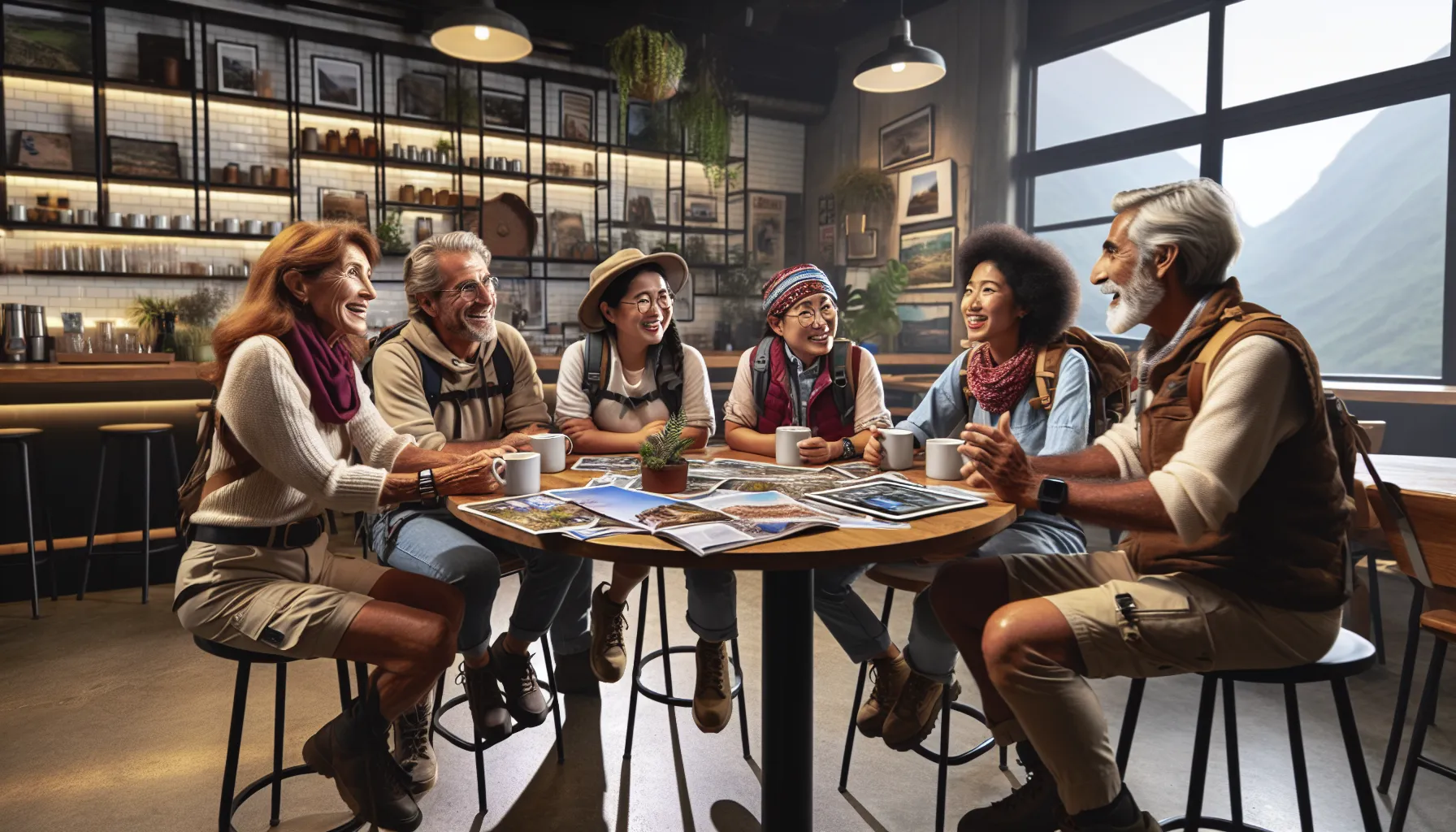 diverse adventurers sharing stories in a cozy café.