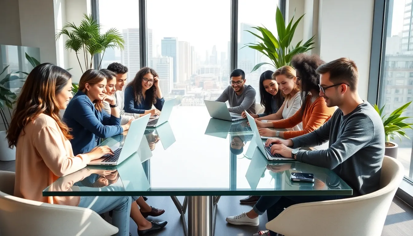 diverse group working in a stylish co-working space.