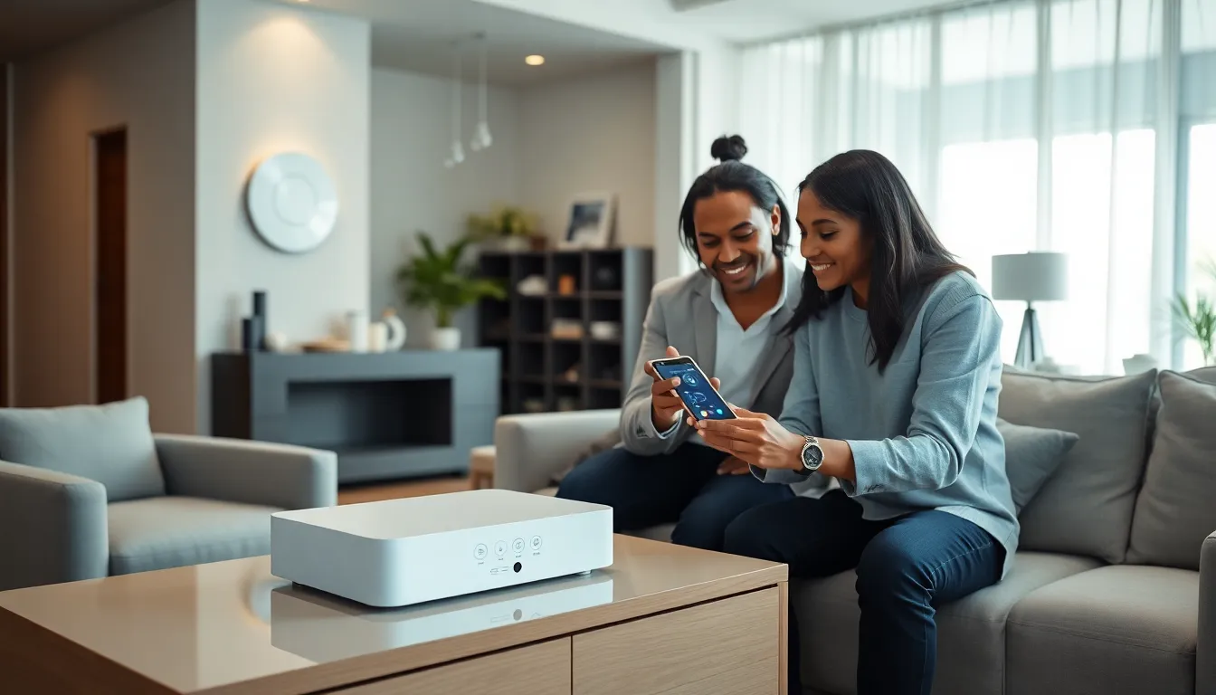 A diverse family in a modern living room controlling smart home devices.