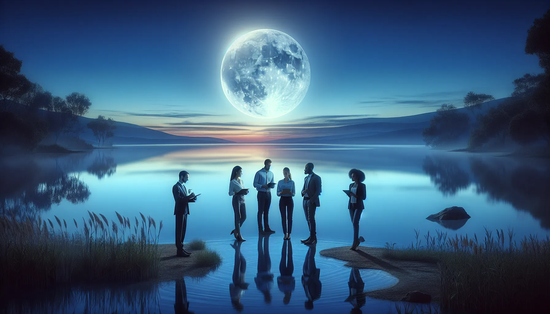 diverse professionals discussing by a serene lakeside at twilight.