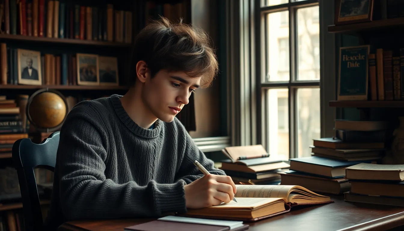 a young writer surrounded by books, writing at a wooden desk.