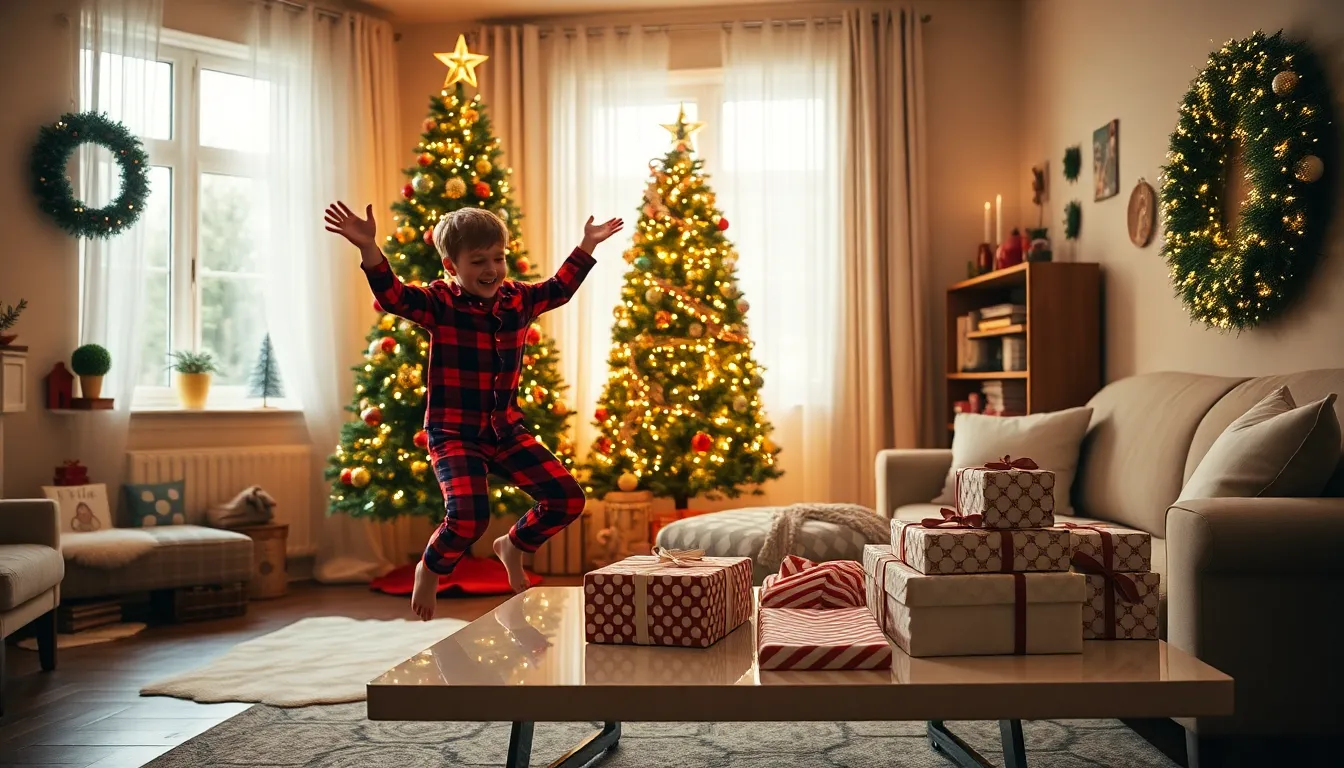 boy dancing joyfully in a decorated Christmas living room.