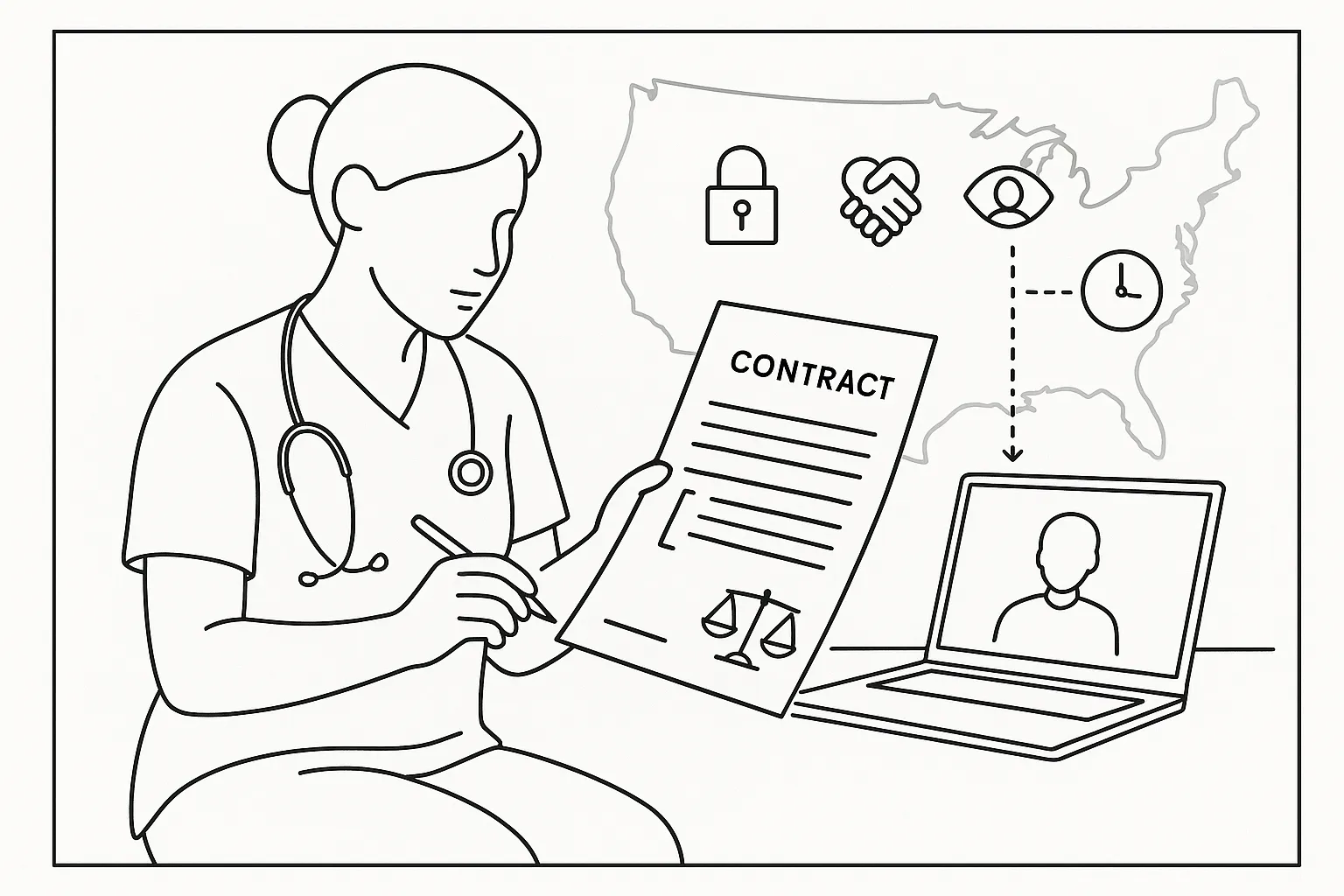 Nurse practitioner reviewing a contract with laptop and US map of regulatory symbols.