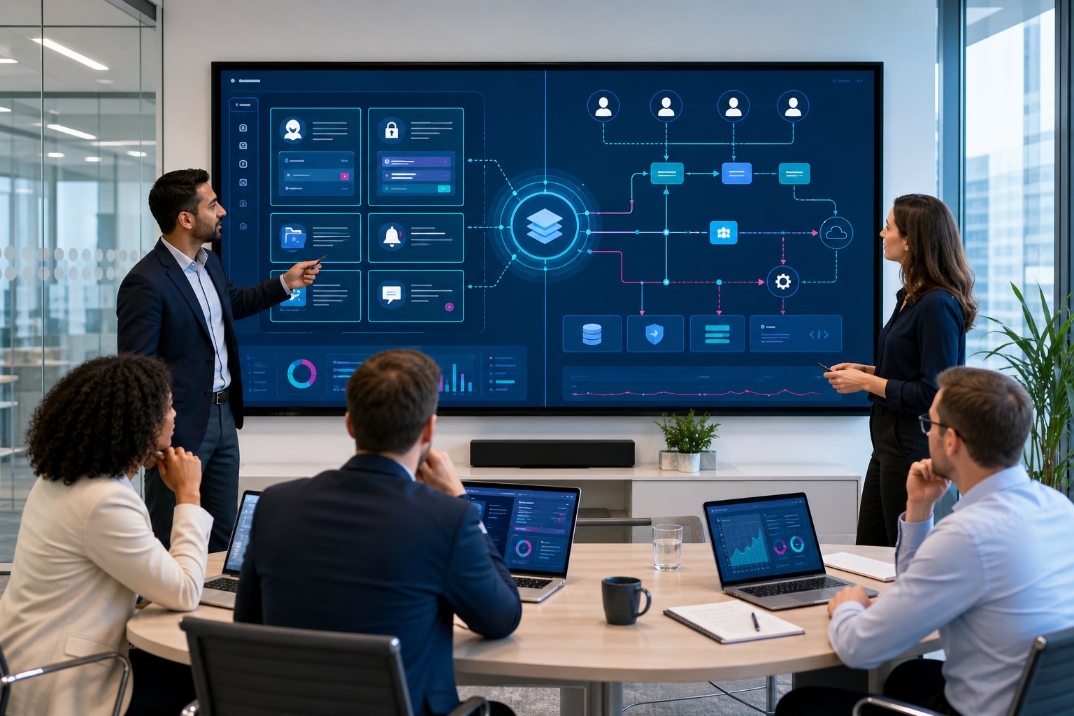 Professionals comparing portal options on a modern office dashboard.