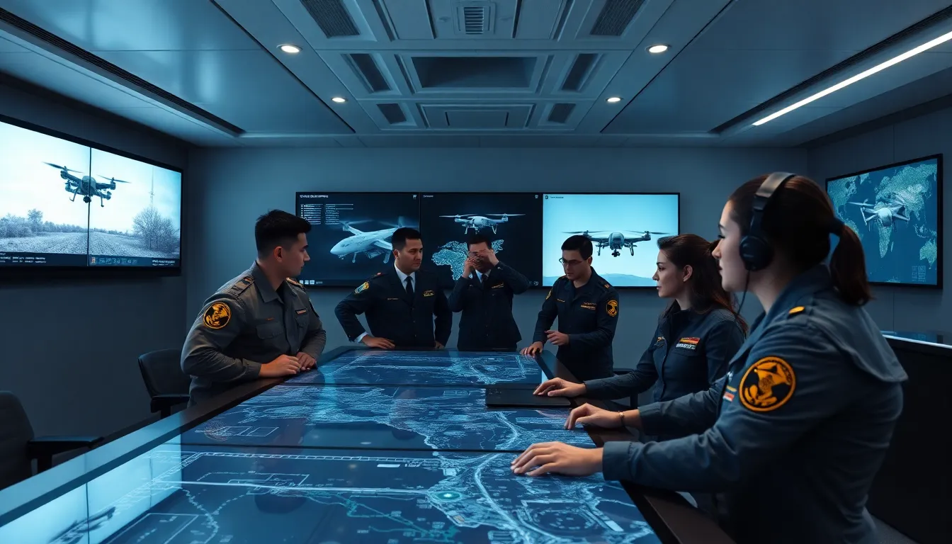 diverse team analyzing military drone operations in a high-tech environment.