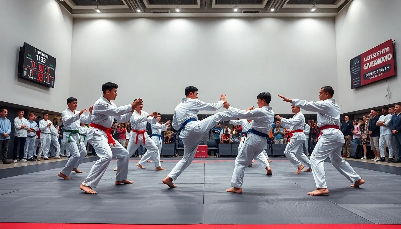 taekwondo athletes competing in a modern sports facility.