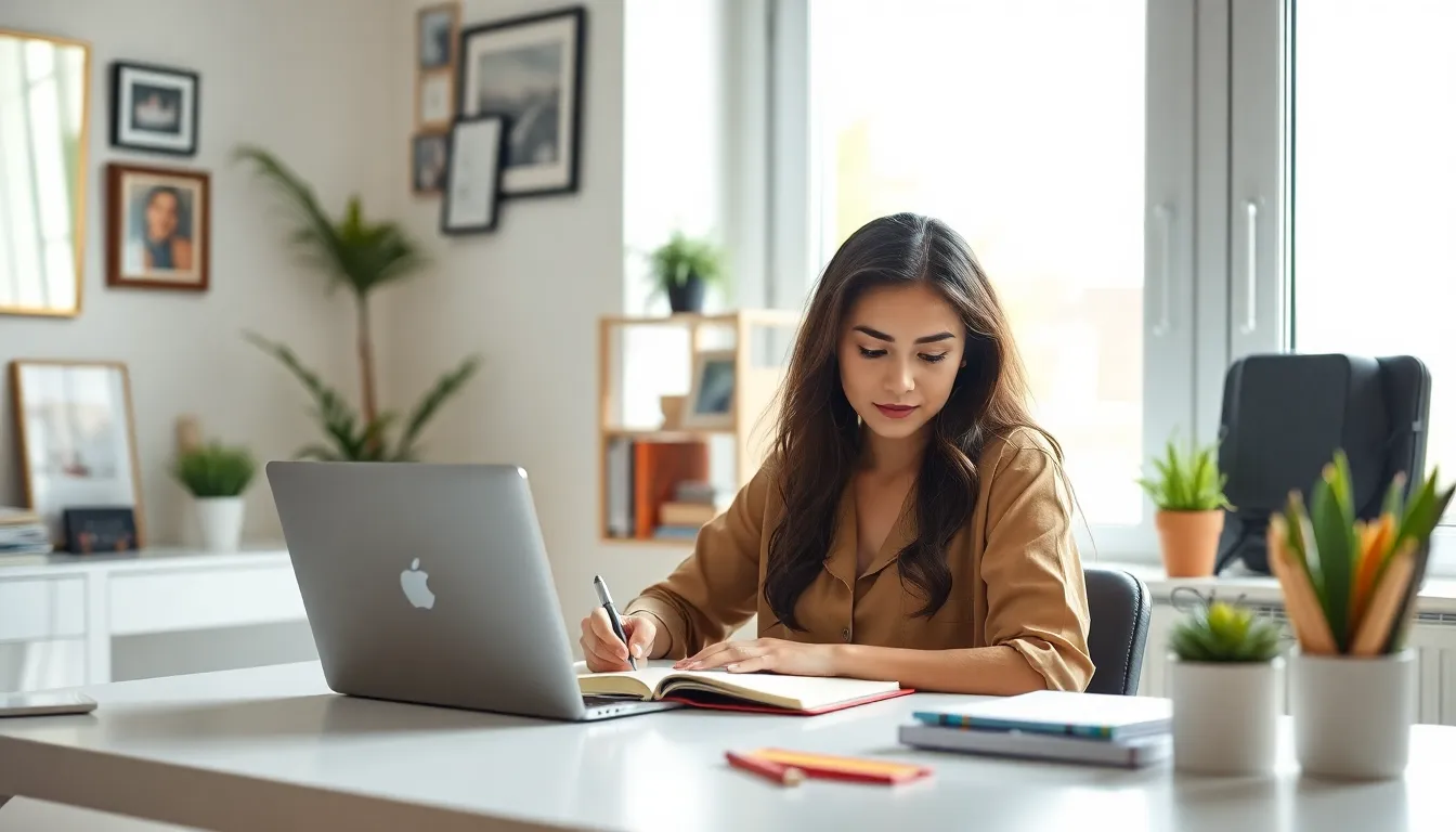 young woman writing in a home office, reflecting her storytelling journey.