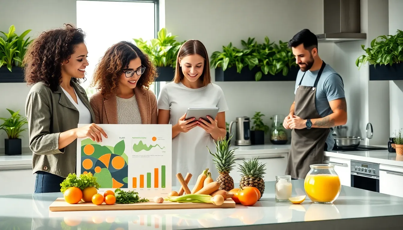 a diverse team discussing sustainable food production in a modern kitchen.