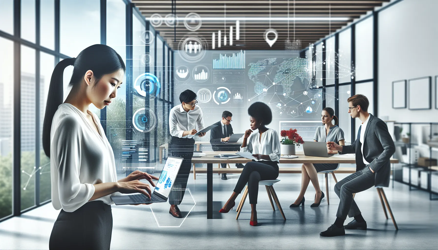 diverse professionals collaborating in a modern office setting.