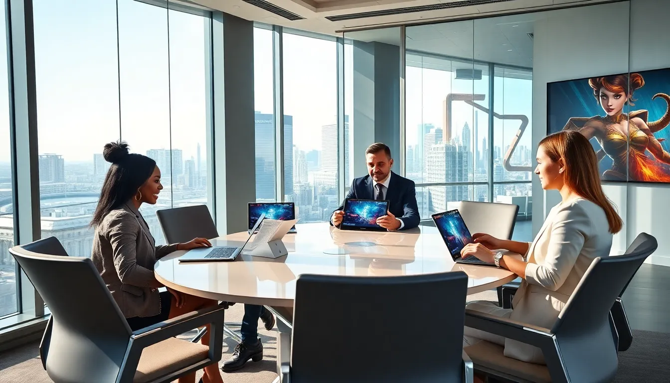 diverse team collaborating in a modern office of Imagineer Games.
