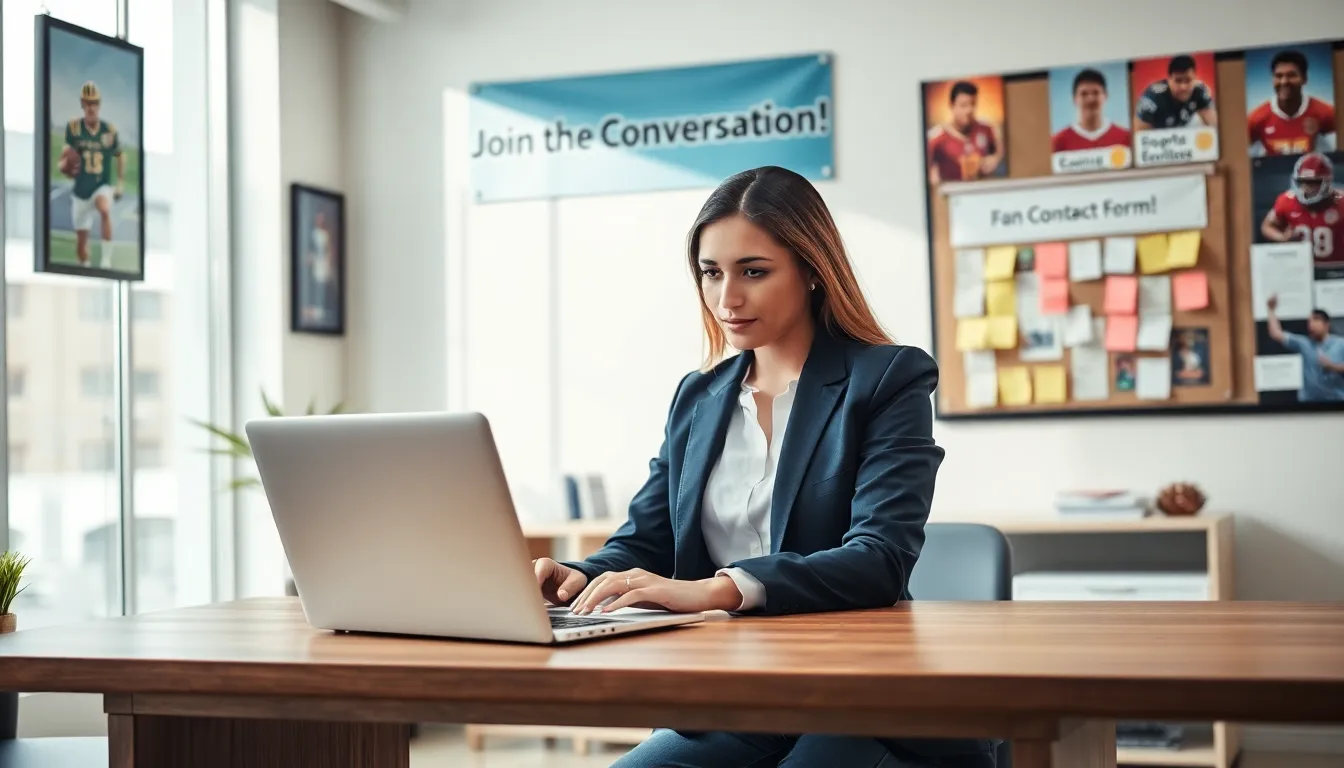 A woman at an office desk engaging with a sports news contact form.