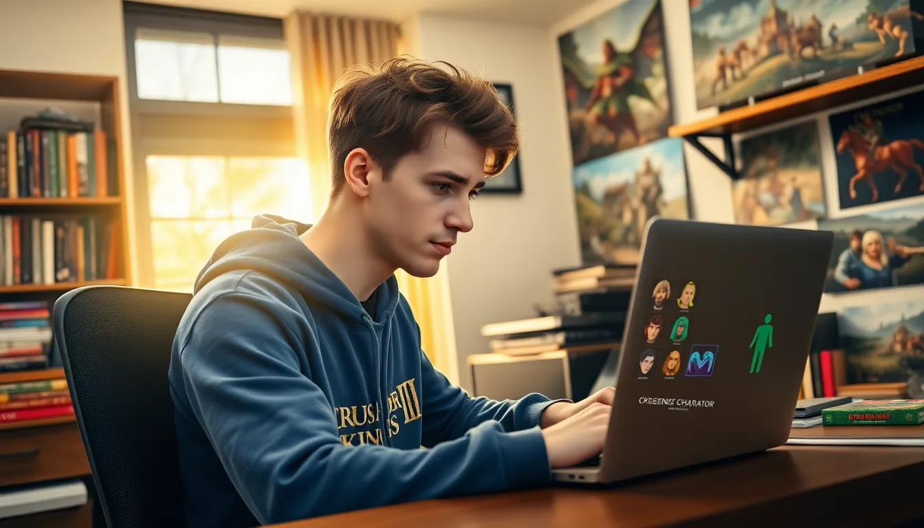 A young man creating characters in CK2Generator software in a cozy home office.