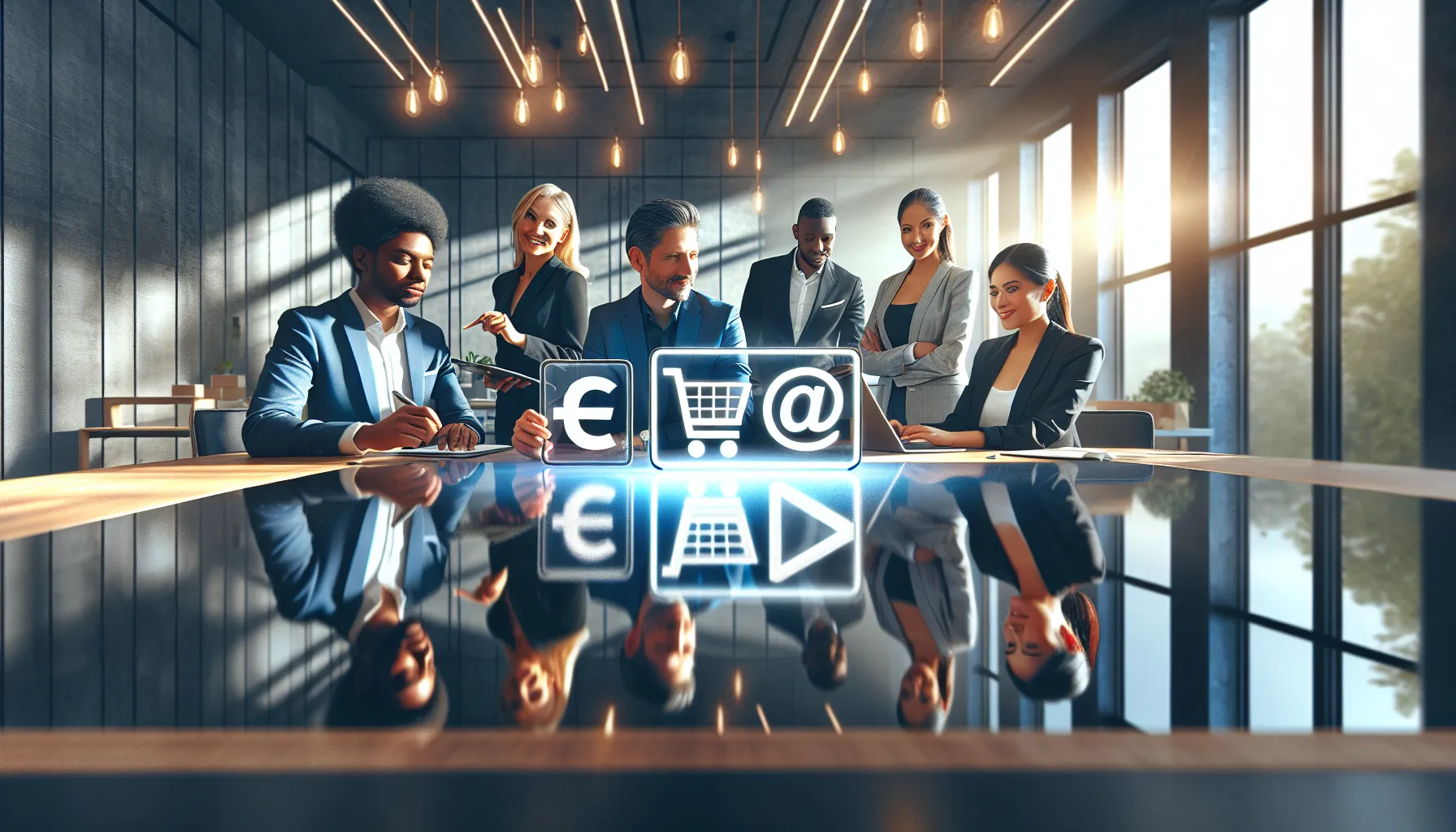 Shopee and Lazada logos on a tablet in a modern office.